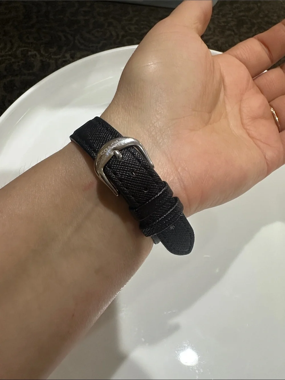 Coach Silver Crystal Dial Black Leather Strap Watch
